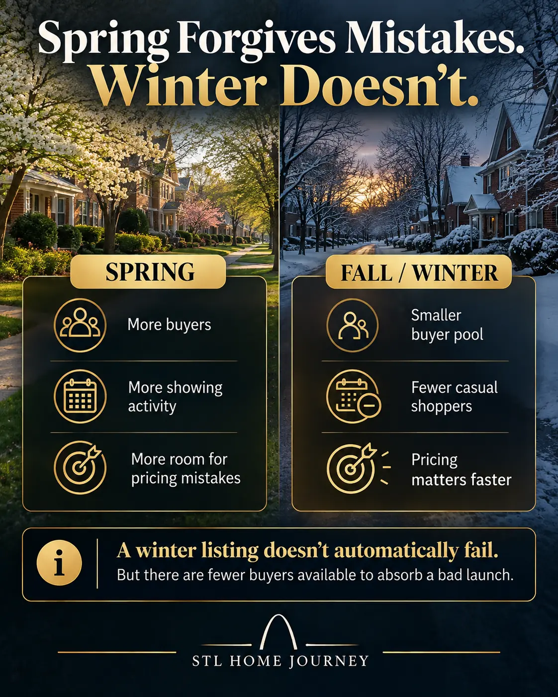 Spring forgives mistakes; winter doesn’t. Spring brings more buyers, more showing activity and more room for pricing mistakes. Fall and winter bring a smaller buyer pool, fewer casual shoppers, and pricing matters faster. A winter listing doesn’t automatically fail, but there are fewer buyers available to absorb a bad launch.