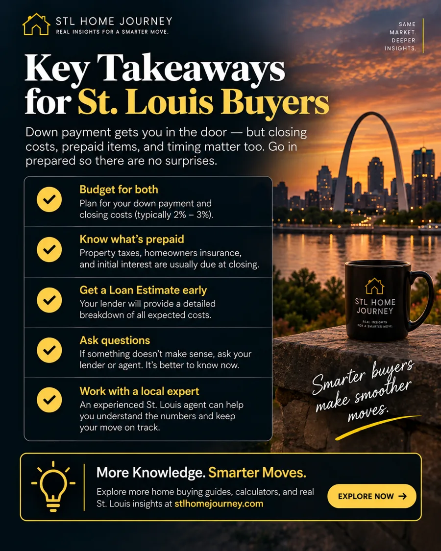 Key takeaways for St. Louis buyers — budget for both, know what's prepaid, get a Loan Estimate early, ask questions, work with a local expert