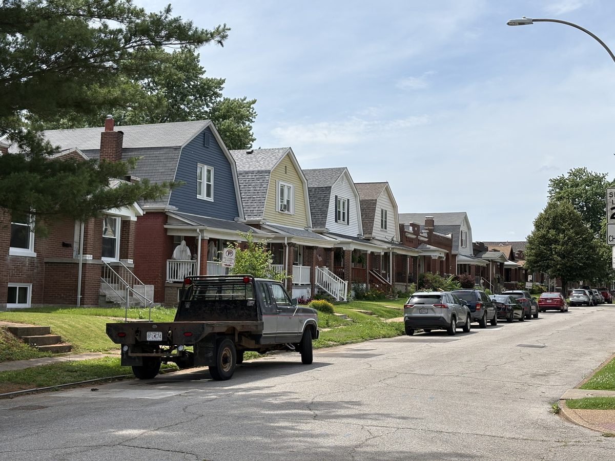 Bevo Mill St. Louis homes — dark brick 1920s craftsman bungalows with steep rooflines and covered porches, the gambrel and 1.5-story construction style that defines 63109 South City housing stock
