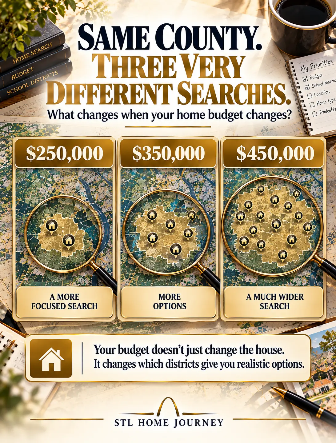 Same county, three very different searches. At $250,000 a more focused search, at $350,000 more options, at $450,000 a much wider search. Your budget doesn’t just change the house. It changes which districts give you realistic options.