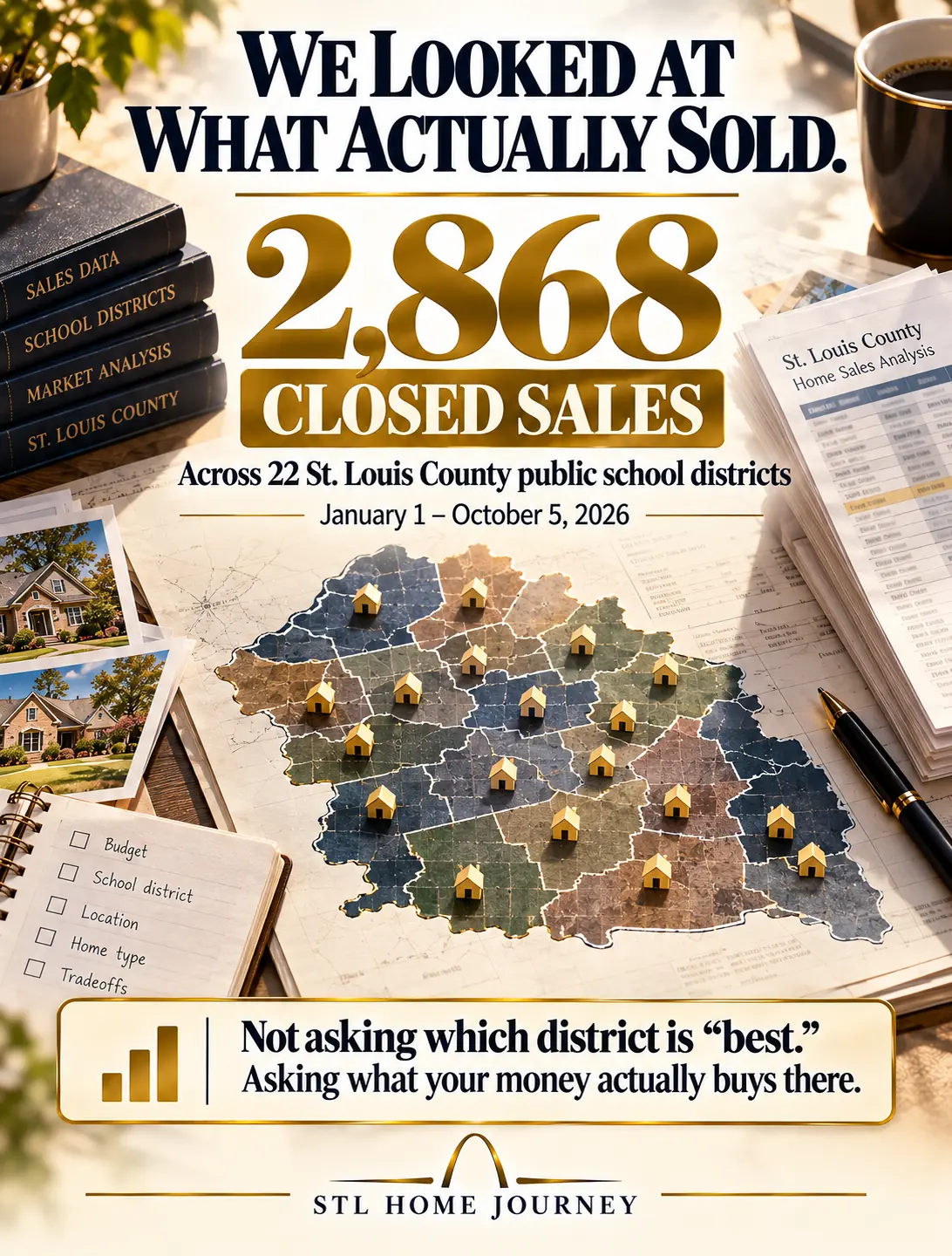 We looked at what actually sold: 2,868 closed sales across 22 St. Louis County public school districts, January 1 to October 5, 2026. Not asking which district is best. Asking what your money actually buys there.